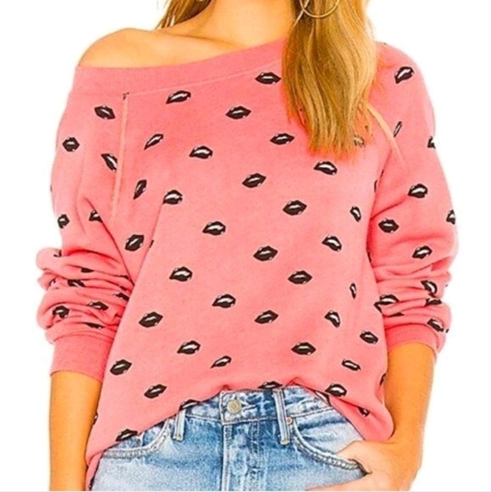 Wildfox Made In Los Angeles Black Lipstick Pattern Wide Neck Orange Sweat Shirt
